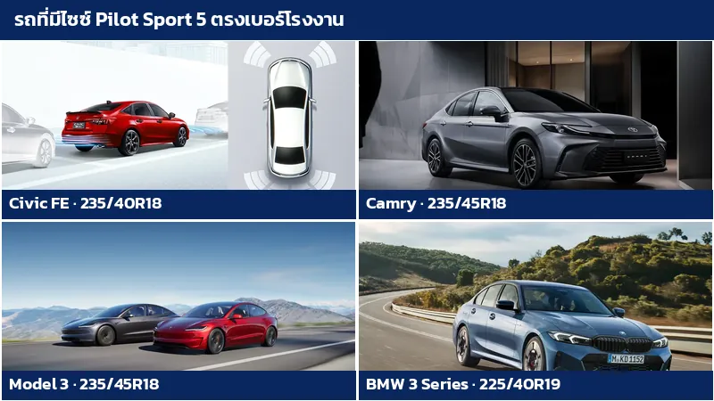 รถ Honda Civic FE Toyota Camry Tesla Model 3 และ BMW 3 Series ที่มียาง Pilot Sport 5 ตรงไซซ์โรงงาน