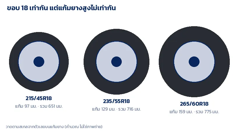 ภาพเทียบความสูงแก้มยางขอบ 18 สามไซซ์ 215/45R18 235/55R18 และ 265/60R18 วาดตามสเกล